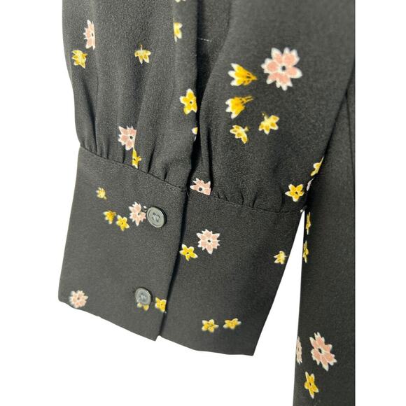 LOFT Dress Womens Size 14 Black Floral Tie Neck Button Front Long Sleeve Flare - Picture 8 of 14